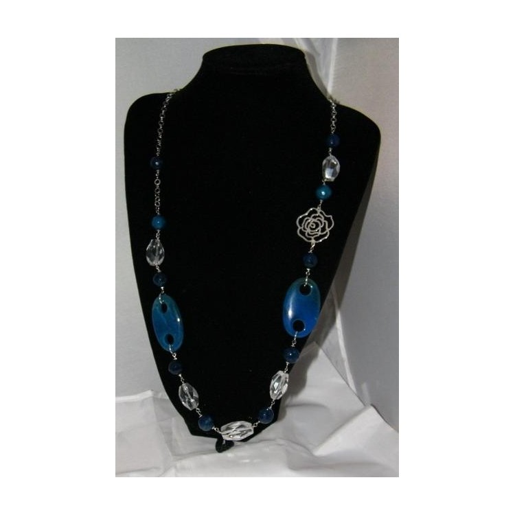RMB|Collana Argento 925 Perle Cristallo Agata blu e vetro lunga 87cm gioielli roma