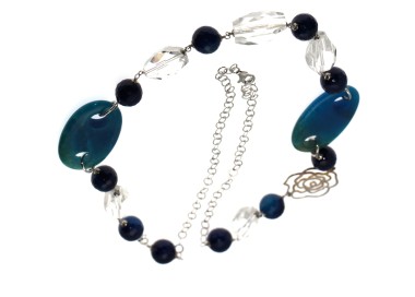 RMB|Necklace Silver 925 Pearls Crystal Blue Agate and glass 87cm long