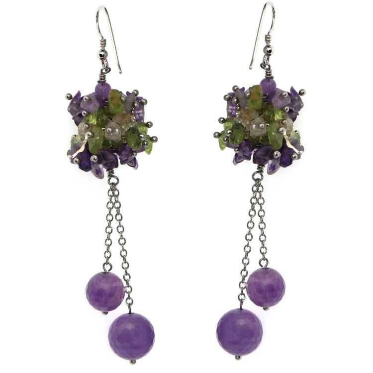 RMB|Earrings natural amethyst and chips Quartz and peridot 925 silver pendant stones woman