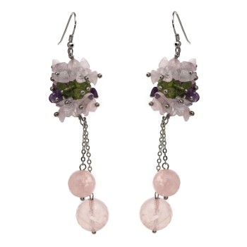 RMB|Orecchini quarzo rosa naturale e chips Quarzo e peridoto argento 925 pendenti pietre donna