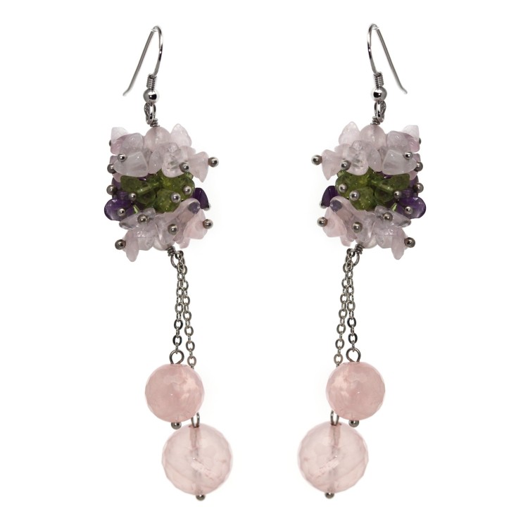 RMB|Earrings natural rose quartz and chips Quartz and peridot 925 silver pendant stones woman