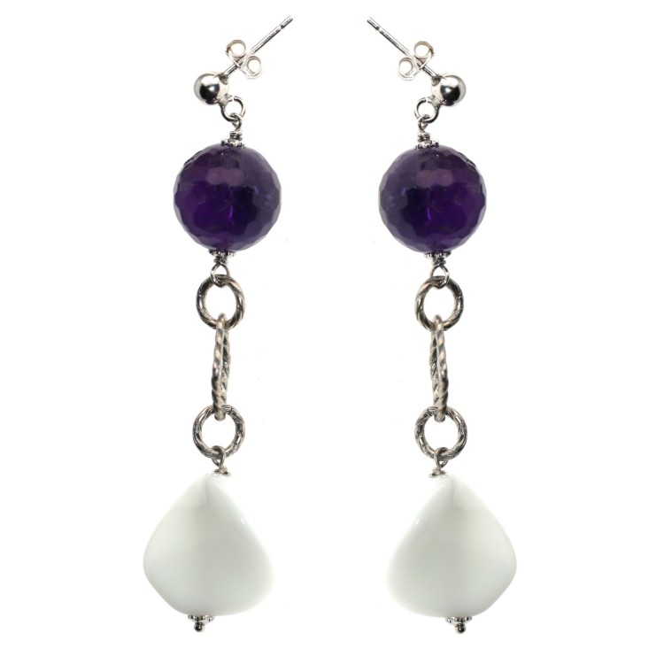 RMB|925 silver earrings White Agate and Amethyst pendants