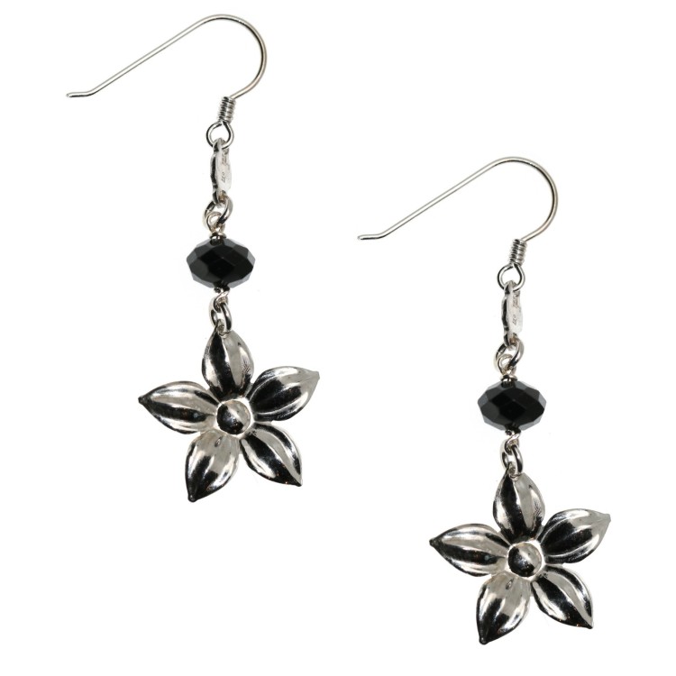 RMB|black crystal flower earrings 925 silver dangling woman