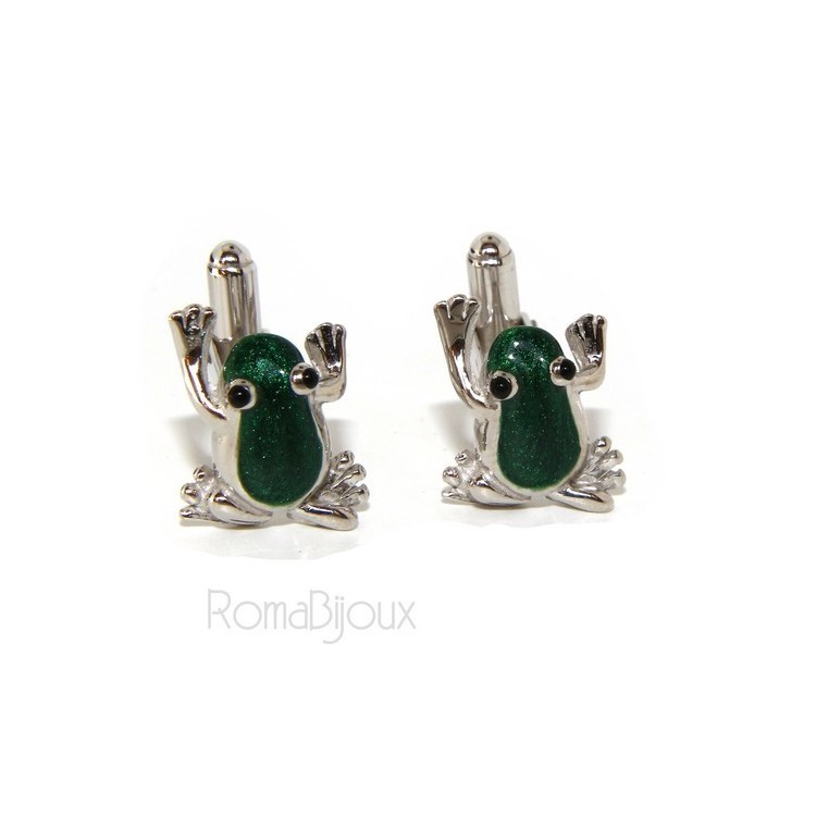 RMB|Gemelli Uomo rana ranocchio per camicia in Argento 925 smalto verde realizzati a mano