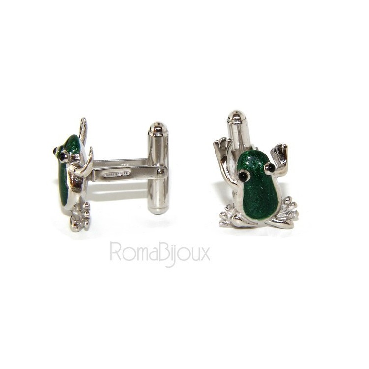 RMB|Gemelli Uomo rana ranocchio per camicia in Argento 925 smalto verde realizzati a mano