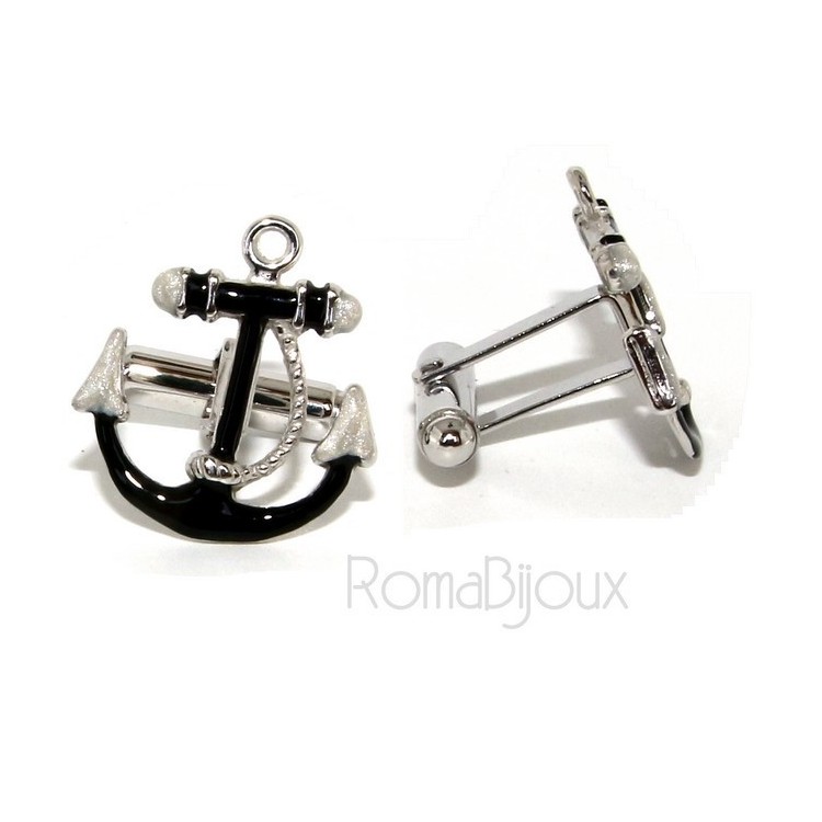 RMB|Mens Cufflinks to anchor shirt Silver 925 black enamel handmade