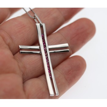 RMB|ciondolo croce argento 925 zirconi rosso rubino con collana, marca chetè laroche