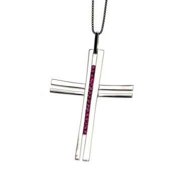 RMB|ciondolo croce argento 925 zirconi rosso rubino con collana, marca chetè laroche