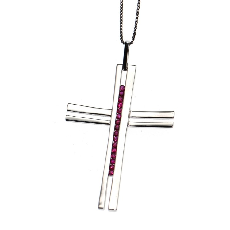 RMB|ciondolo croce argento 925 zirconi rosso rubino con collana, marca chetè laroche