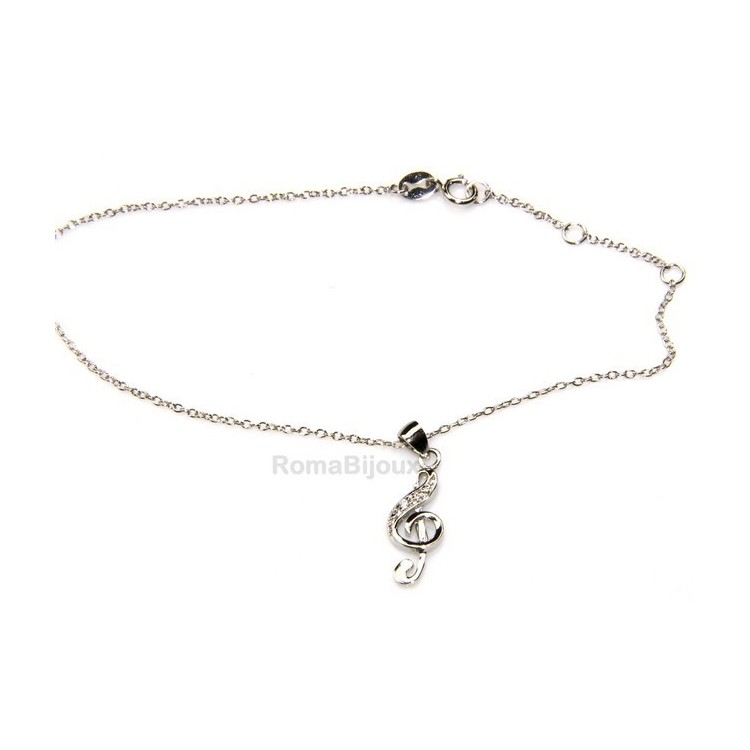 RMB|Argento 925 : Bracciale cavigliera uomo donna con pendente chiave di violino zirconi bianchi