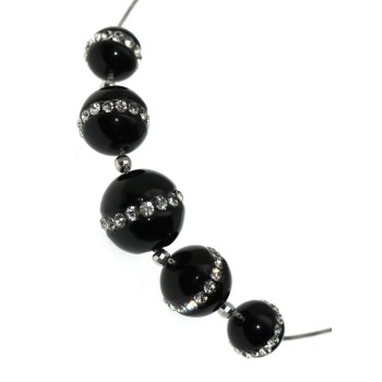 RMB|Rhodium-plated 925 silver necklace with 5 passing spheres in black agate and zircons
