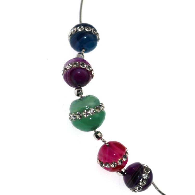 RMB|Necklace in rhodium-plated 925 silver with 5 colored agate spheres and zircons.