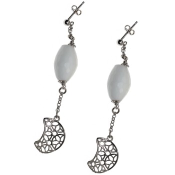 RMB|925 silver earrings with filigree moon and dangling white agate