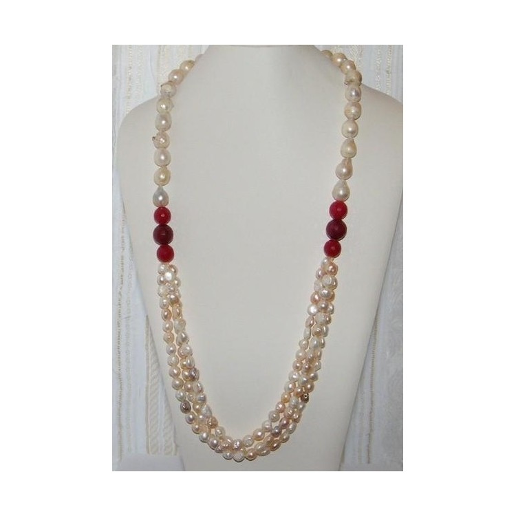 RMB|Necklace with 925 silver cultured pearls, baroque pearls and red aventurine