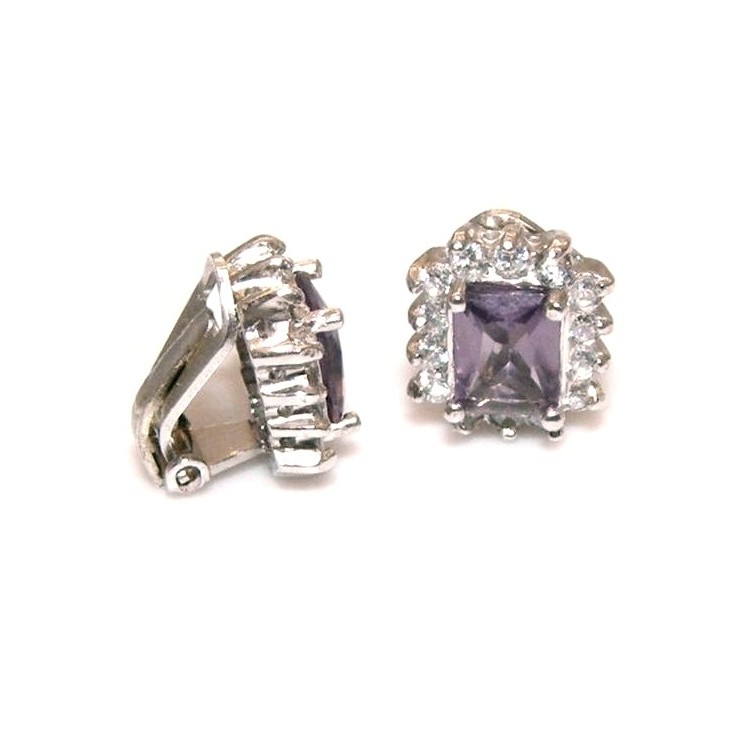 RMB|orecchini argento 925 clips zircone carre' viola e cornice di brillanti