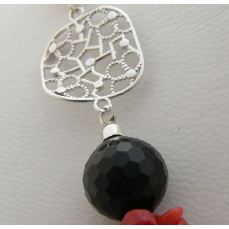 RMB|Collana argento 925 Corallo rosso verace e agata nera 3 fili donna