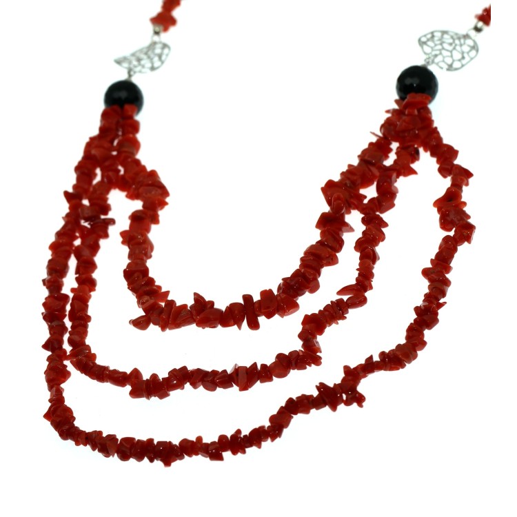 RMB|Collana argento 925 Corallo rosso verace e agata nera 3 fili donna