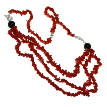 RMB|925 silver necklace, real red coral and black agate, 3 strands for women