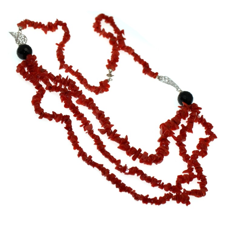 RMB|925 silver necklace, real red coral and black agate, 3 strands for women