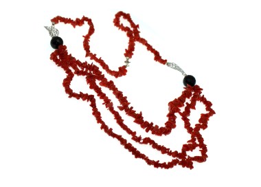 RMB|925 silver necklace, real red coral and black agate, 3 strands for women