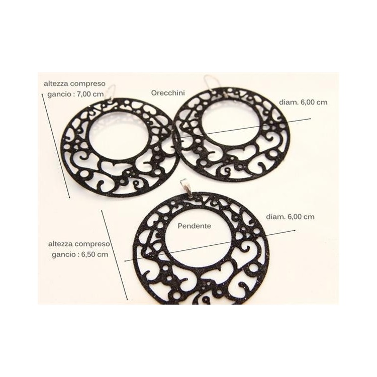 RMB|ciondolo orecchini collana argento 925 arabesque cerchi tondi 6cm glitter dorato