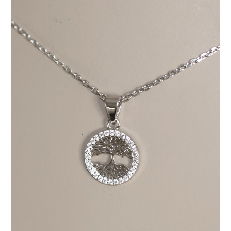 RMB|collana Argento 925 ciondolo tondo 13mm albero della vita zirconi collier