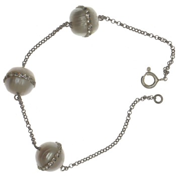 RMB|bracciale argento 925 rolo' con perle coltivate e zirconi bianchi