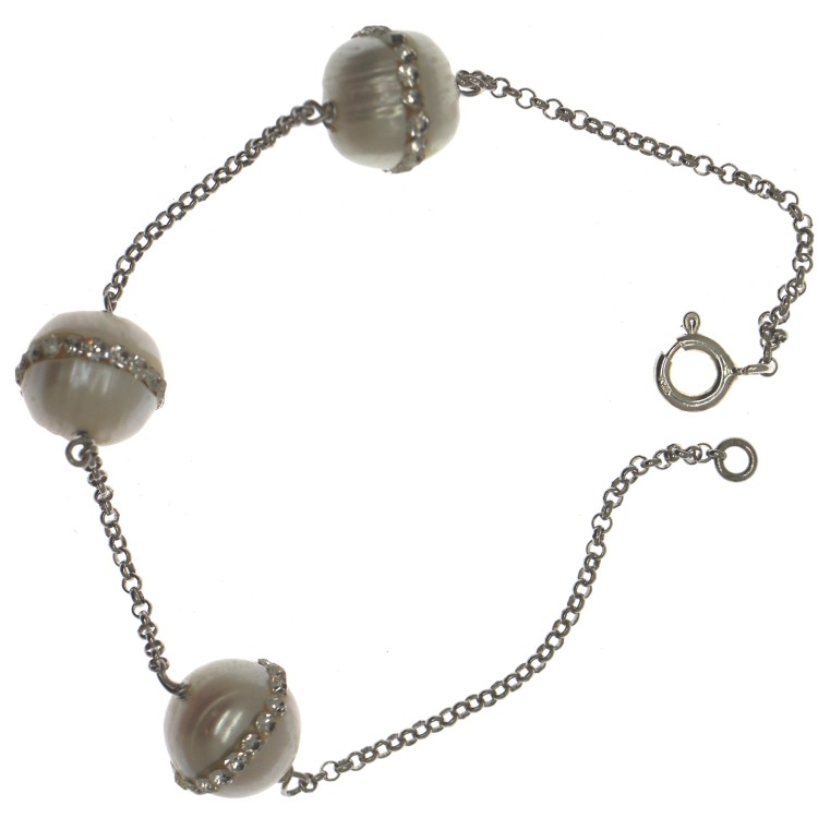 RMB|925 silver rolo' bracelet with cultured pearls and white zircons