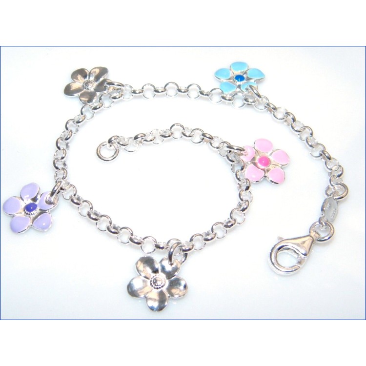 RMB|Bracciale argento 925 Primavera 5 ciondoli fiori smaltati catena rolo'