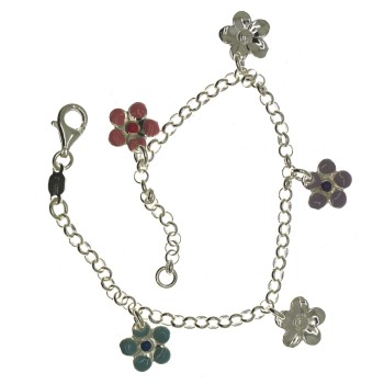 RMB|Bracciale argento 925 Primavera 5 ciondoli fiori smaltati catena rolo'