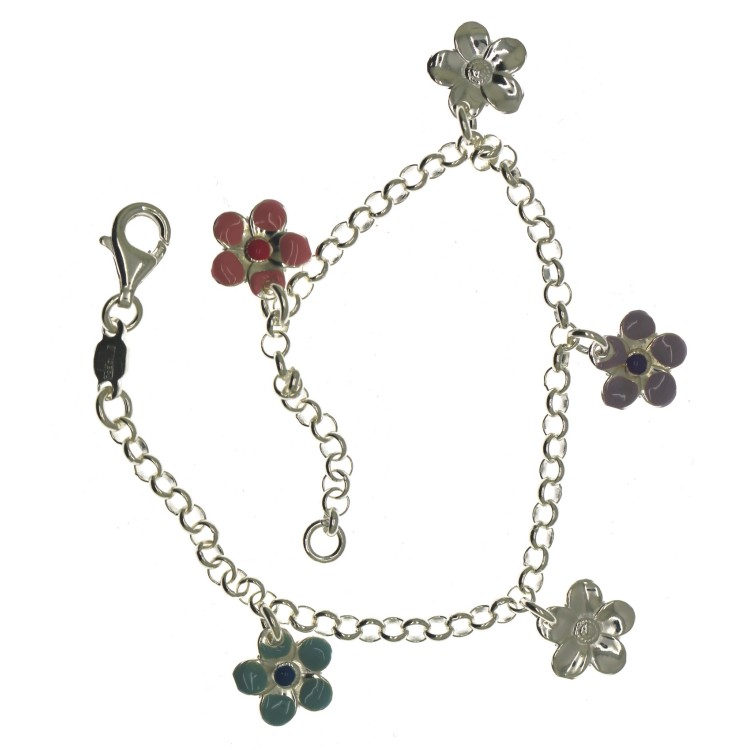 RMB|Spring 925 silver bracelet with 5 enamelled flower pendants on rolo chain