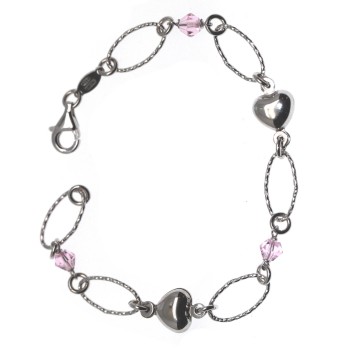 RMB|925 silver bracelet with diamond-cut Light Rose Crystals and domed hearts
