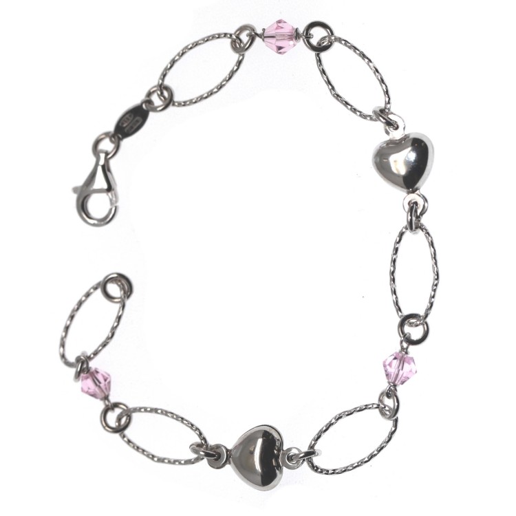 RMB|925 silver bracelet with diamond-cut Light Rose Crystals and domed hearts