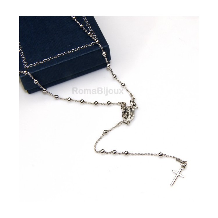 RMB|Rosary necklace man or woman in Silver 925 - lenght 48 cm cross smooth color White Gold