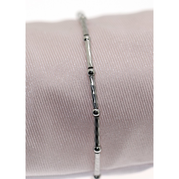 RMB|Bracciale Argento 925 Bamboo semirigido barrette diamatate e palline 18cm