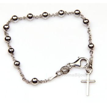 RMB|Rosary bracelet man or woman in 925 sterling silver cross smooth rod White gold balls 4 mm length 15.50