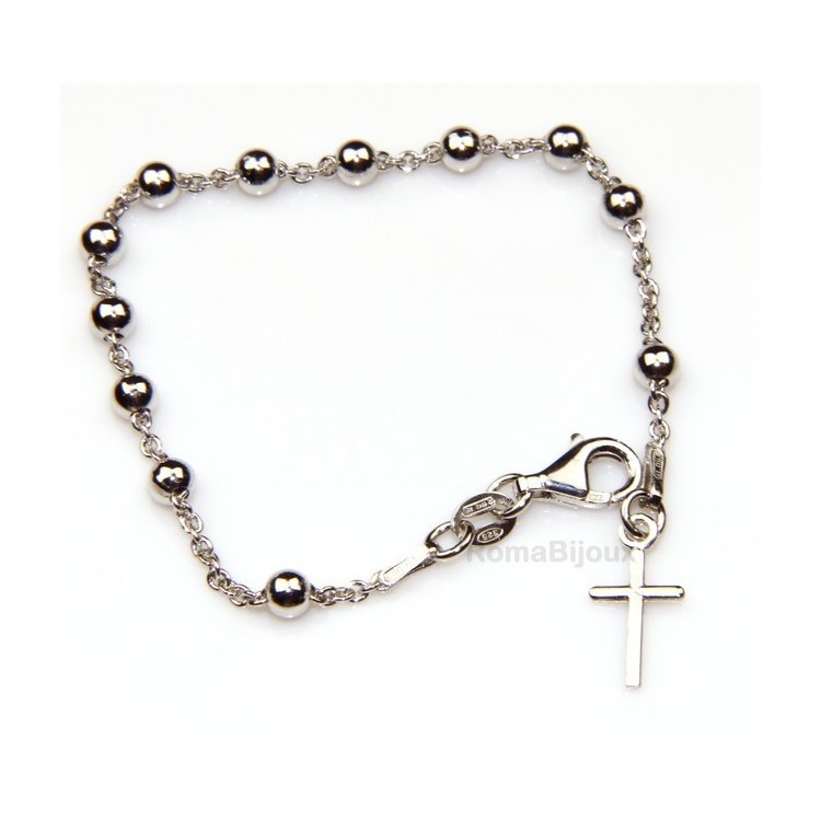 RMB|Rosary bracelet man or woman in 925 sterling silver cross smooth rod White gold balls 4 mm length 15.50
