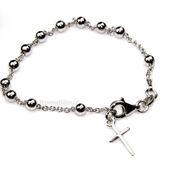 RMB|Rosary bracelet man or woman in 925 sterling silver cross smooth rod White gold balls 4 mm length 15.50