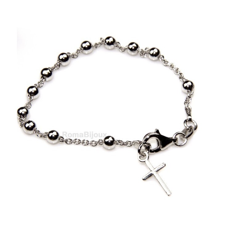 RMB|Rosary bracelet man or woman in 925 sterling silver cross smooth rod White gold balls 4 mm length 15.50