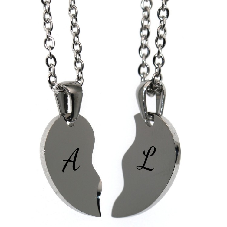 RomaBijoux|pair of his and hers broken heart necklaces 2 complete steel necklaces with free engraving