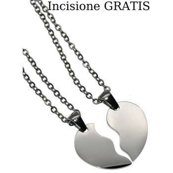 RMB|coppia di collane acciaio lui e lei cuore spezzato 2 collane complete con incisione gratis RomaBijoux