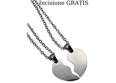 RMB|coppia di collane acciaio lui e lei cuore spezzato 2 collane complete con incisione gratis RomaBijoux