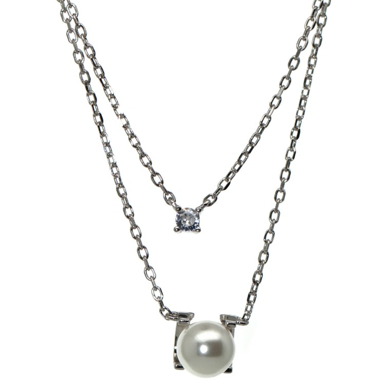 RomaBijoux|double strand necklace in 925 silver with light point and white pearl for women