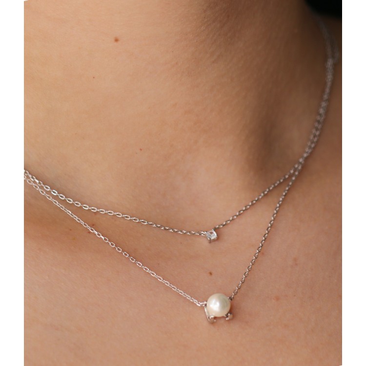 RomaBijoux|double strand necklace in 925 silver with light point and white pearl for women