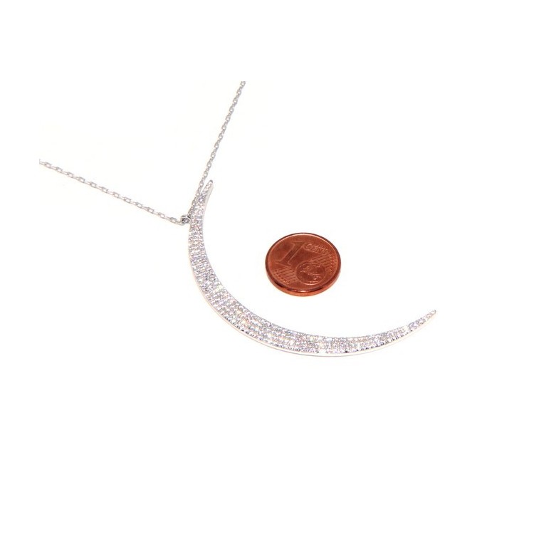 RMB|necklace collier woman 925 SILVER with large half moon pendant pavé white cubic zirconia