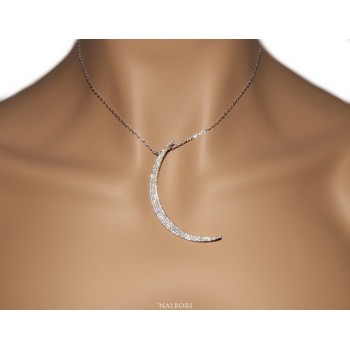 RMB|necklace collier woman 925 SILVER with large half moon pendant pavé white cubic zirconia