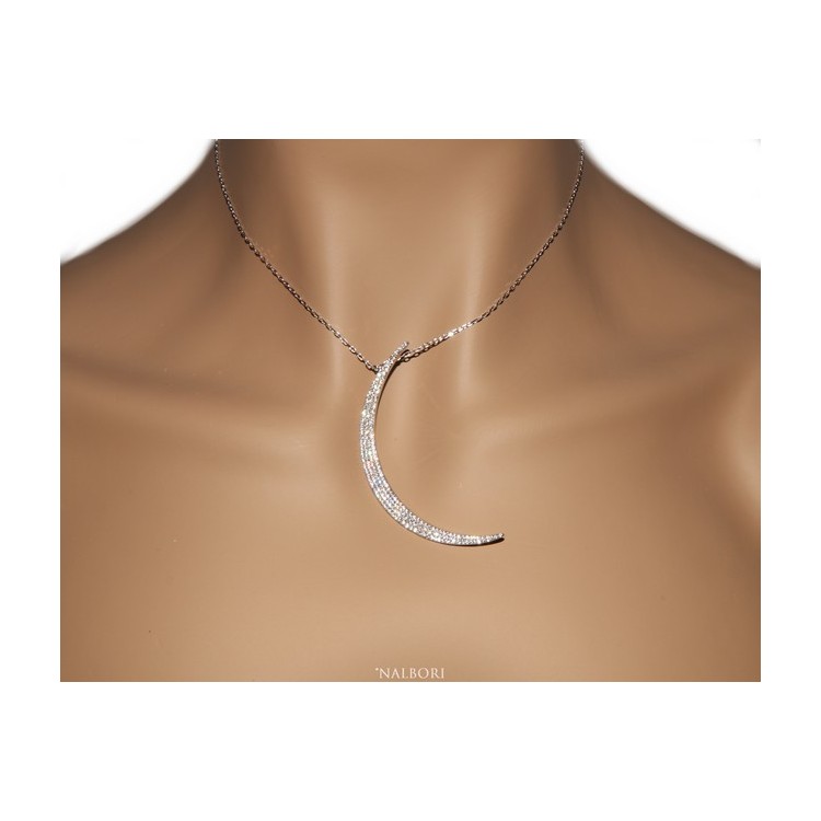 RMB|Collier collana donna ARGENTO 925 con pendente grande mezza luna pavè zirconi bianchi