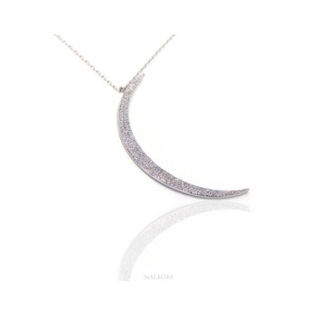 RMB|necklace collier woman 925 SILVER with large half moon pendant pavé white cubic zirconia