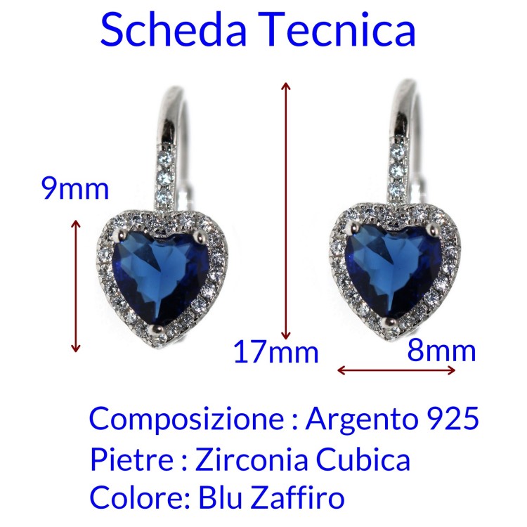 RomaBijoux|silver 925 earring, sapphire blue heart earrings with white loop, woman