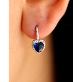 RomaBijoux|silver 925 earring, sapphire blue heart earrings with white loop, woman